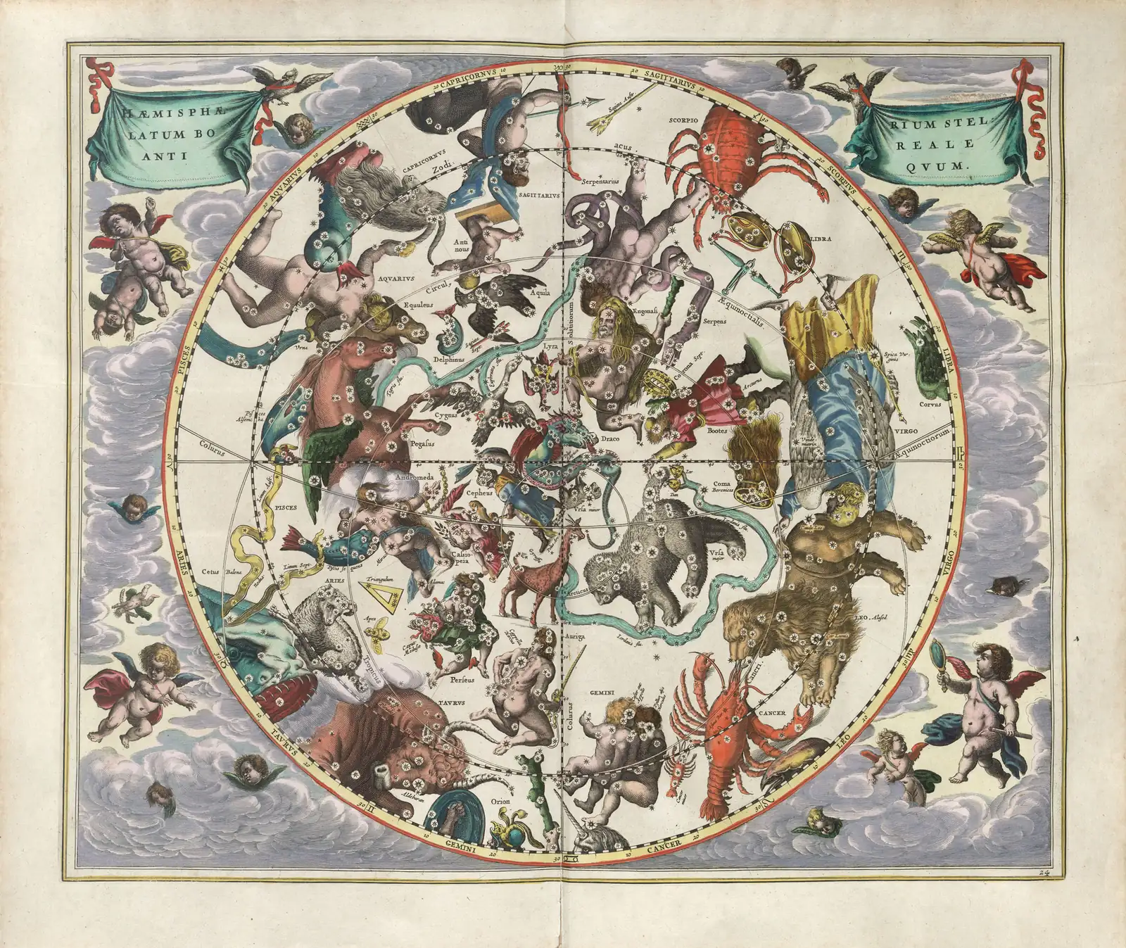 Cellarius, Harmonia Macrocosmica, 1661 — a hand-coloured celestial hemisphere with constellation figures.
