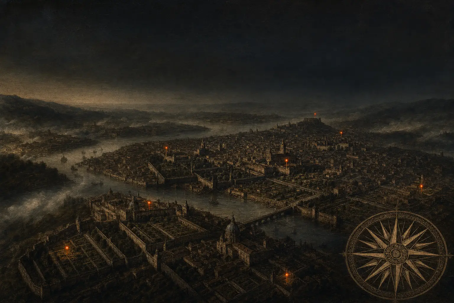 Plate III cover — an oil painting in the old-master manner: a river city seen from above at dusk, survey pins glowing at chosen properties.