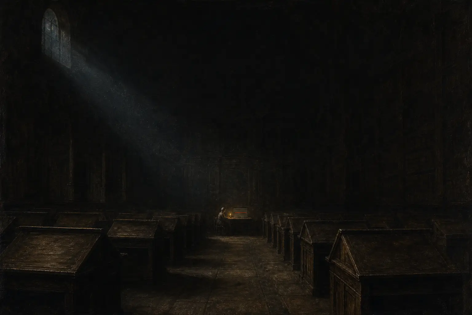 Plate II cover — an oil painting in the old-master manner: an immense dark scriptorium, one lit desk keeping watch at the far end.