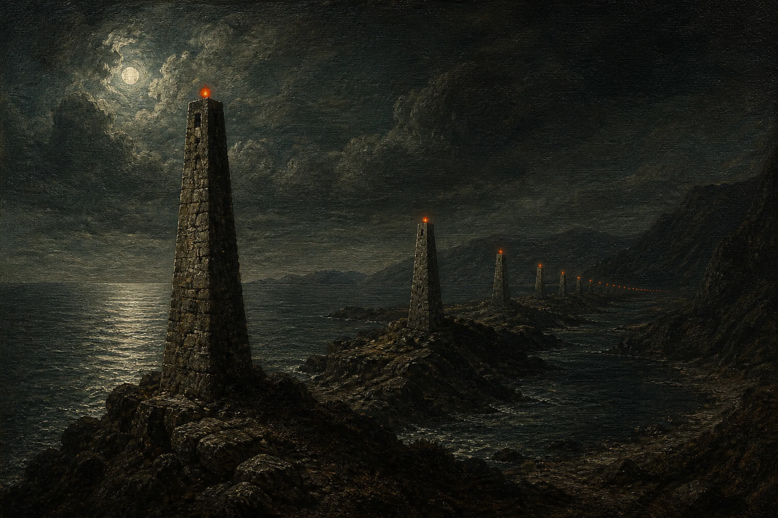 Plate I cover — an oil painting in the old-master manner: a chain of stone signal towers along a dark northern coastline at night, passing one orange beacon light onward.