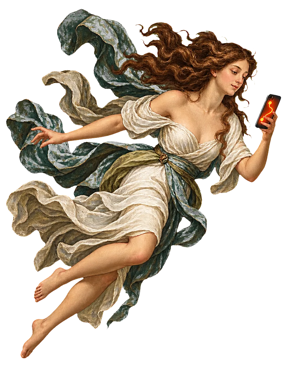 A Renaissance-painted figure in flowing cream garments flies across the sky, reading a glowing orange route on a smartphone.
