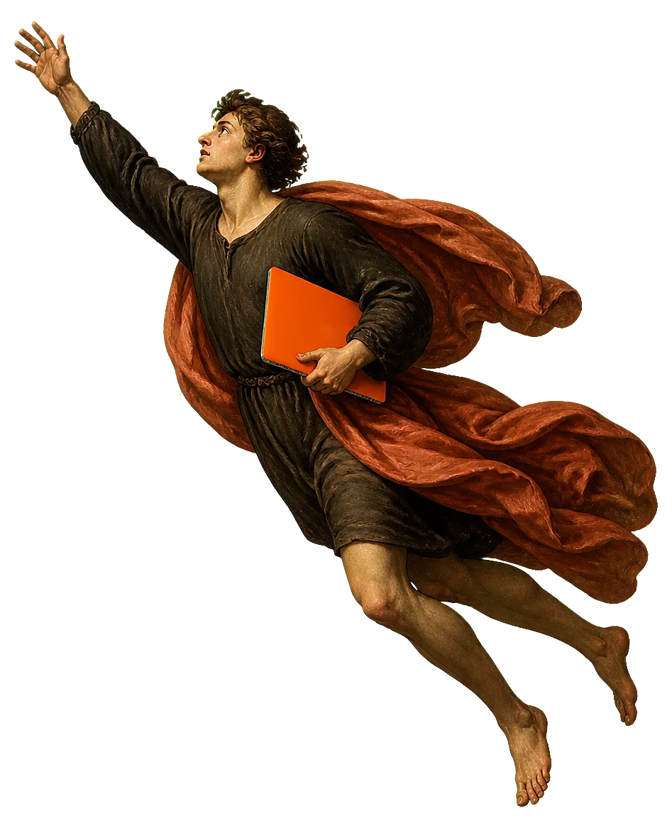 A Renaissance-painted figure with a billowing terracotta drape flies the opposite diagonal, carrying an orange laptop.