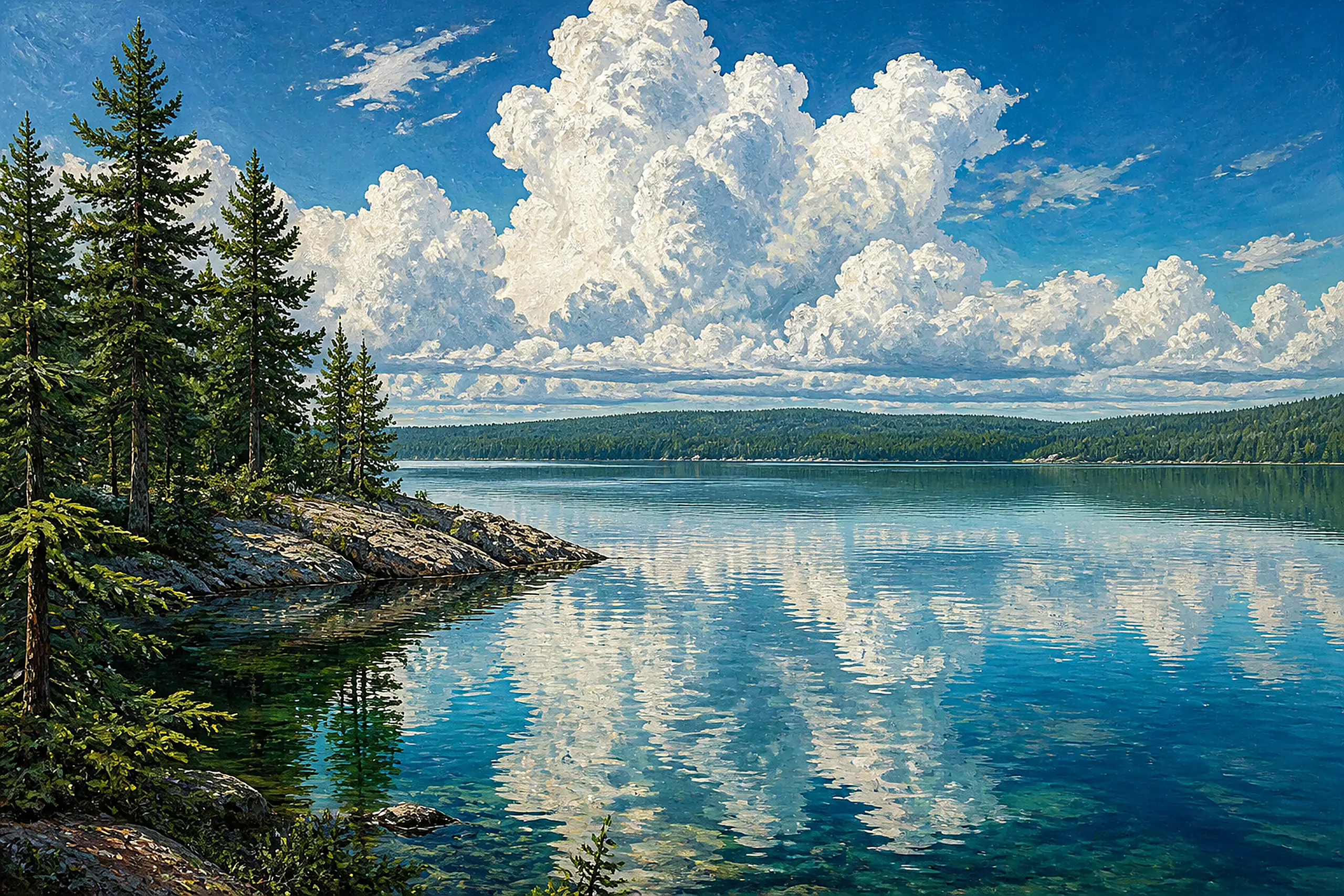 A bright northern lake under towering cumulus clouds, pines on a rocky shore — painted in the old-master manner.