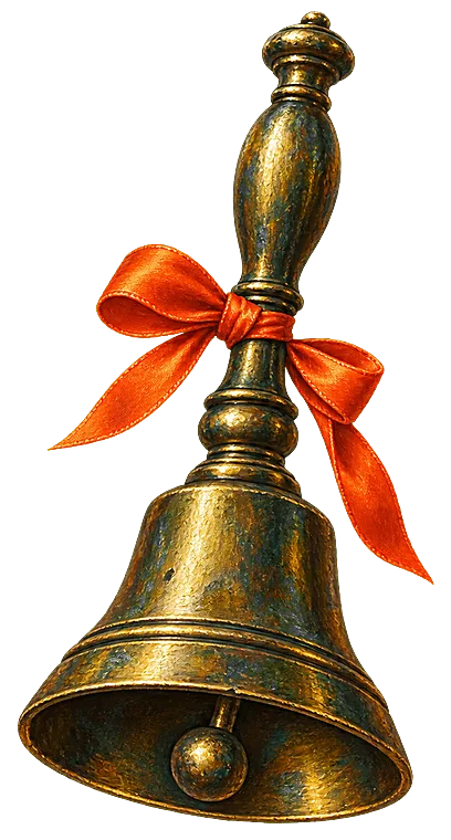 A painted brass hand-bell with an orange silk ribbon tied to the handle.