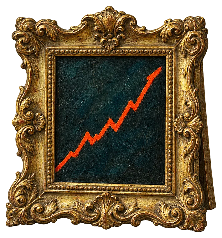 A painted gilt frame holding a dark canvas with a single rising orange chart line.
