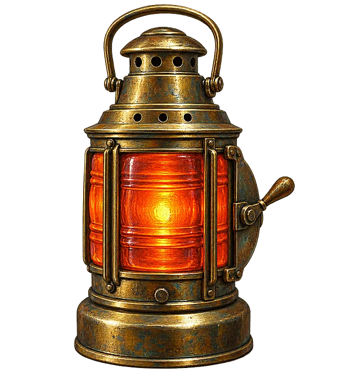 A painted brass signal lantern, its glass panes glowing orange.