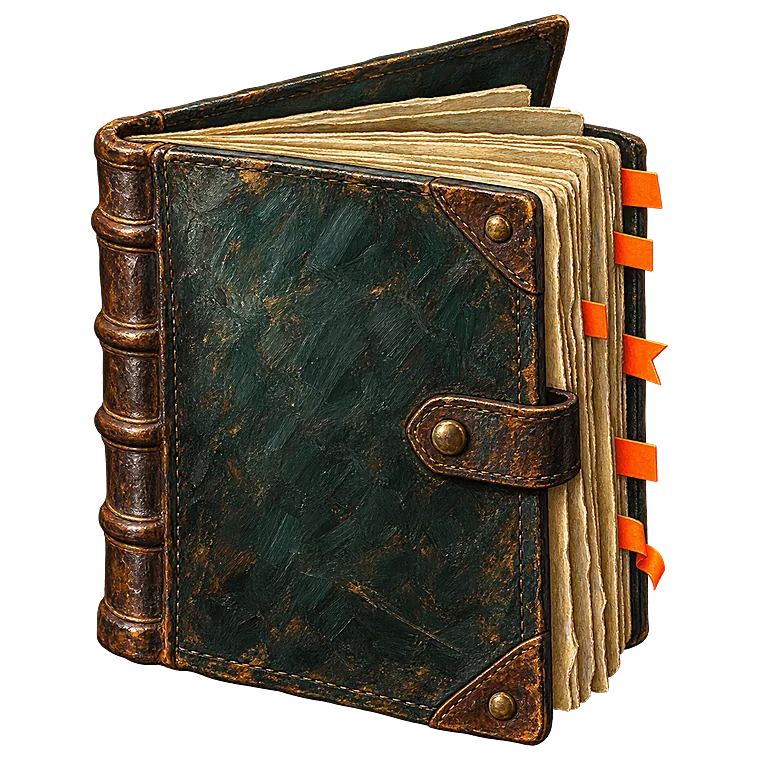 A painted leather-bound ledger with orange page tabs, floating over the page.