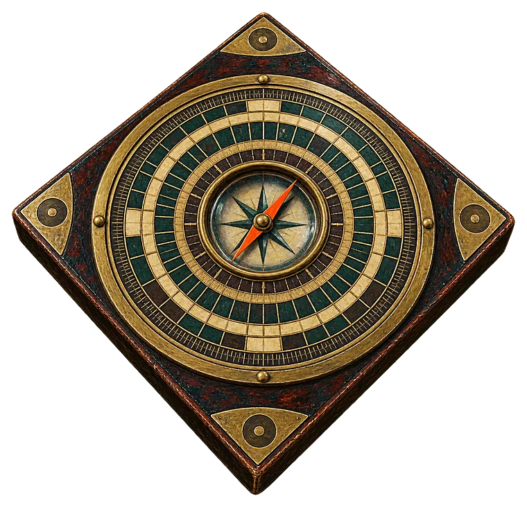 A painted luopan compass in brass and lacquered wood, its needle in orange.