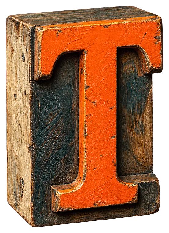 A painted letterpress type block of the letter T, its face inked orange.