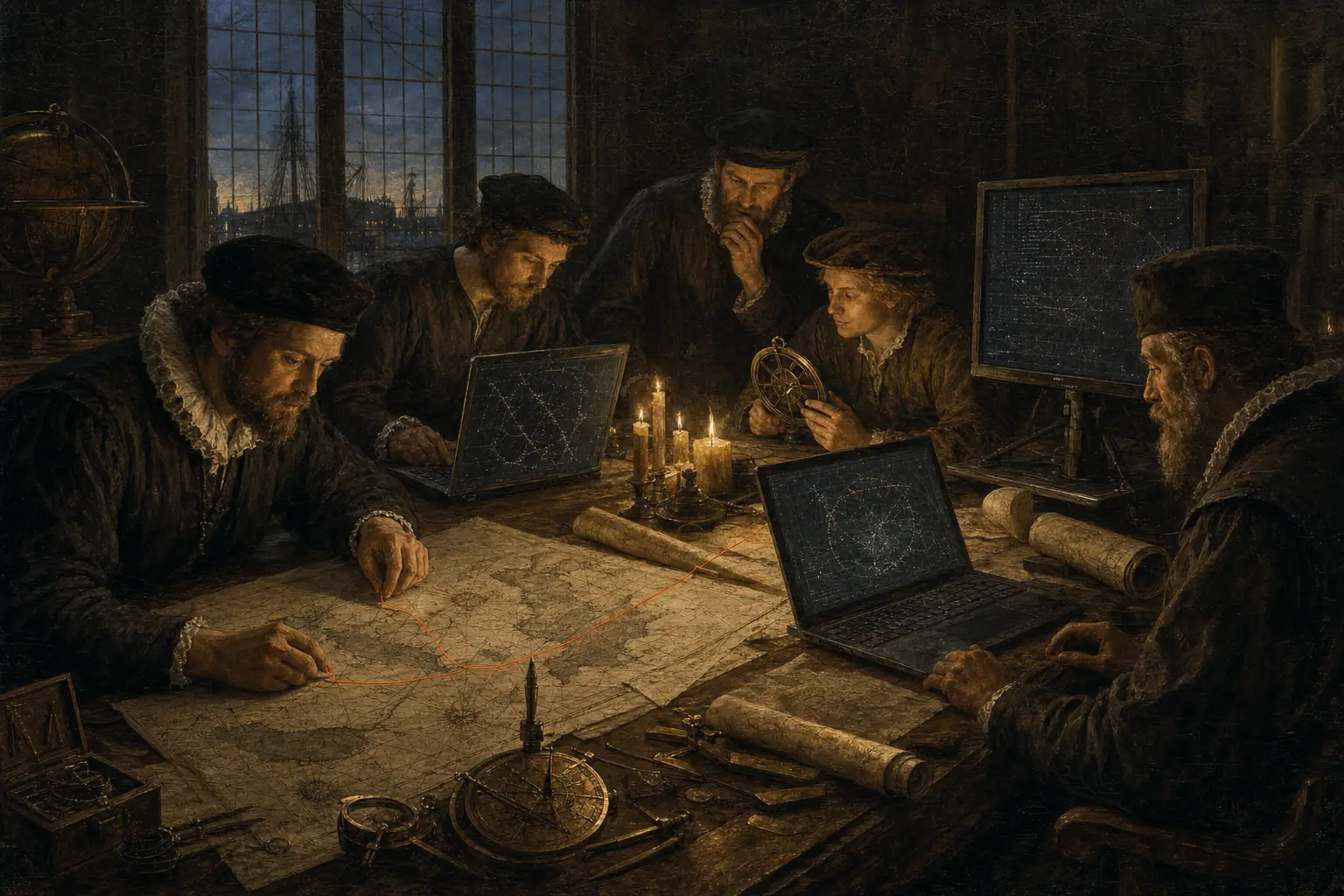 A Renaissance guild workshop at dusk: artisans at a long table among sea charts and brass instruments, with modern laptops glowing between them, one orange thread tracing a route across a chart.